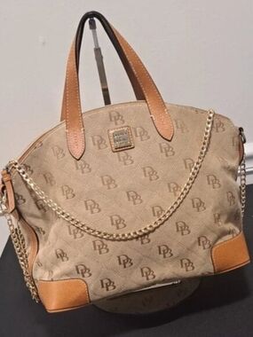 Dooney and Bourke Beige Monogram Shoulder Bag with Tan Trim and Gold Chain